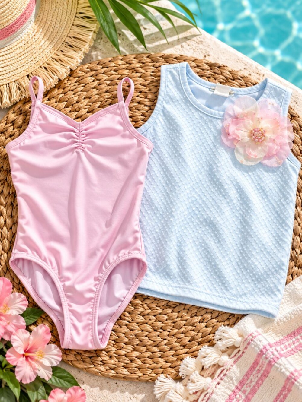 Little Me Girls Swimsuit 4/5 Tank Top 6 Set Pink White Floral